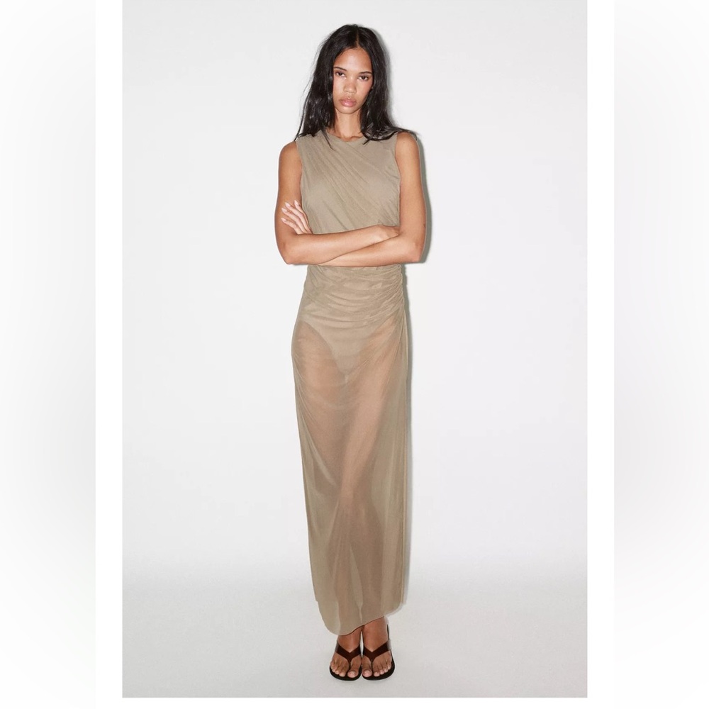 Zara Beige/Tan Sheer Sleeveless Midi Dress